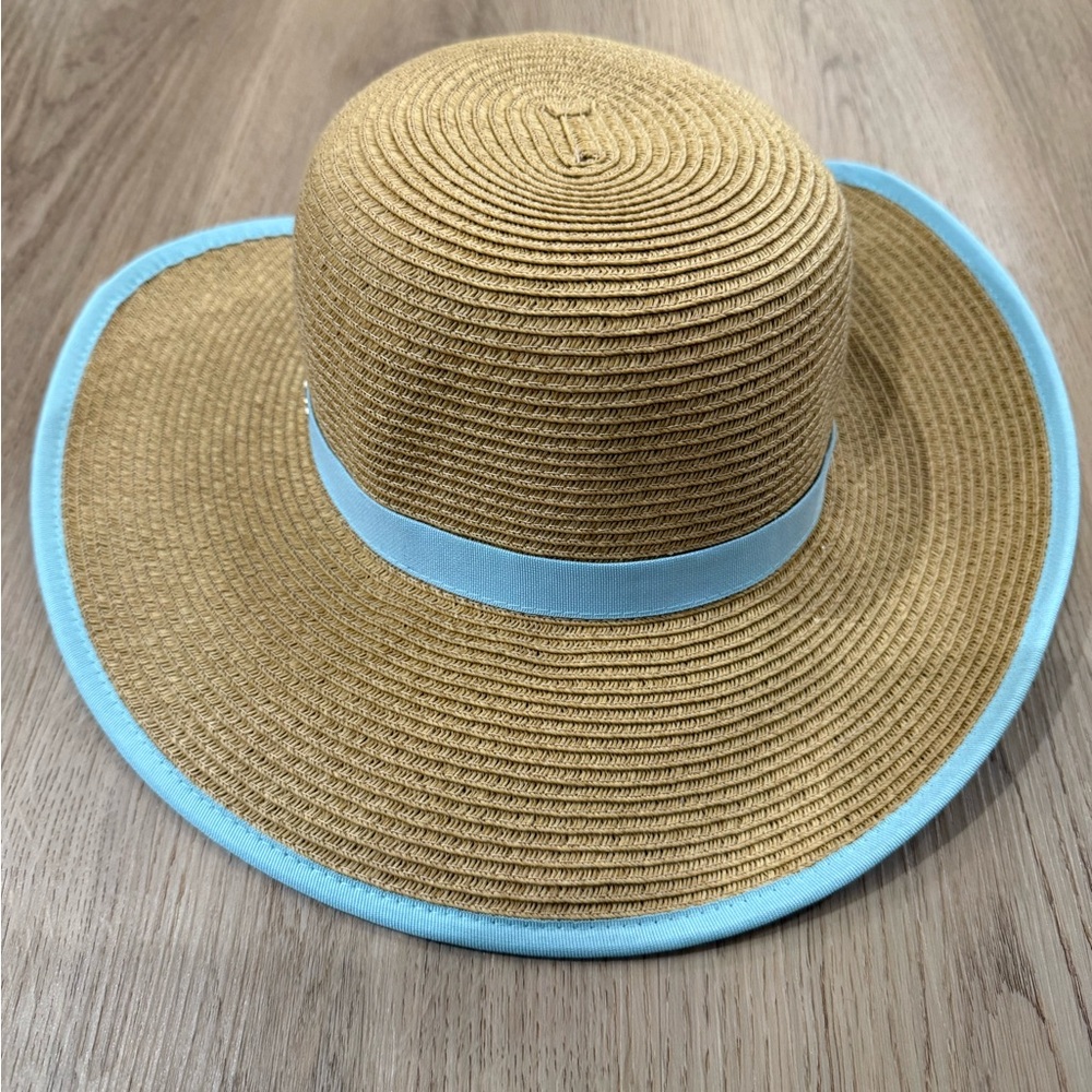 Cappelli Straworld women's wide-brim sun hat with a blue band and trim